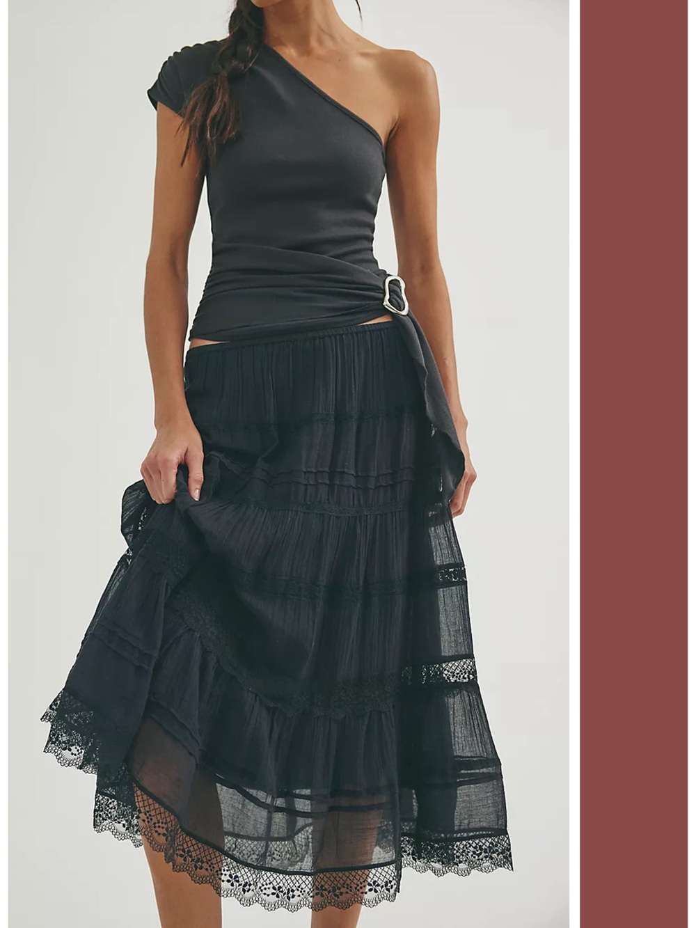 NWT Free People FP One Lily Lace Midi Skirt in Black Size XS Tiered Boho